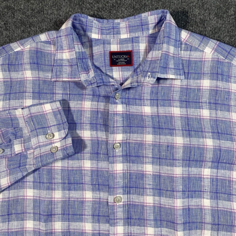 UNTUCKit Mens Large 100% Linen Plaid Berardo WR Long Sleeve Shirt